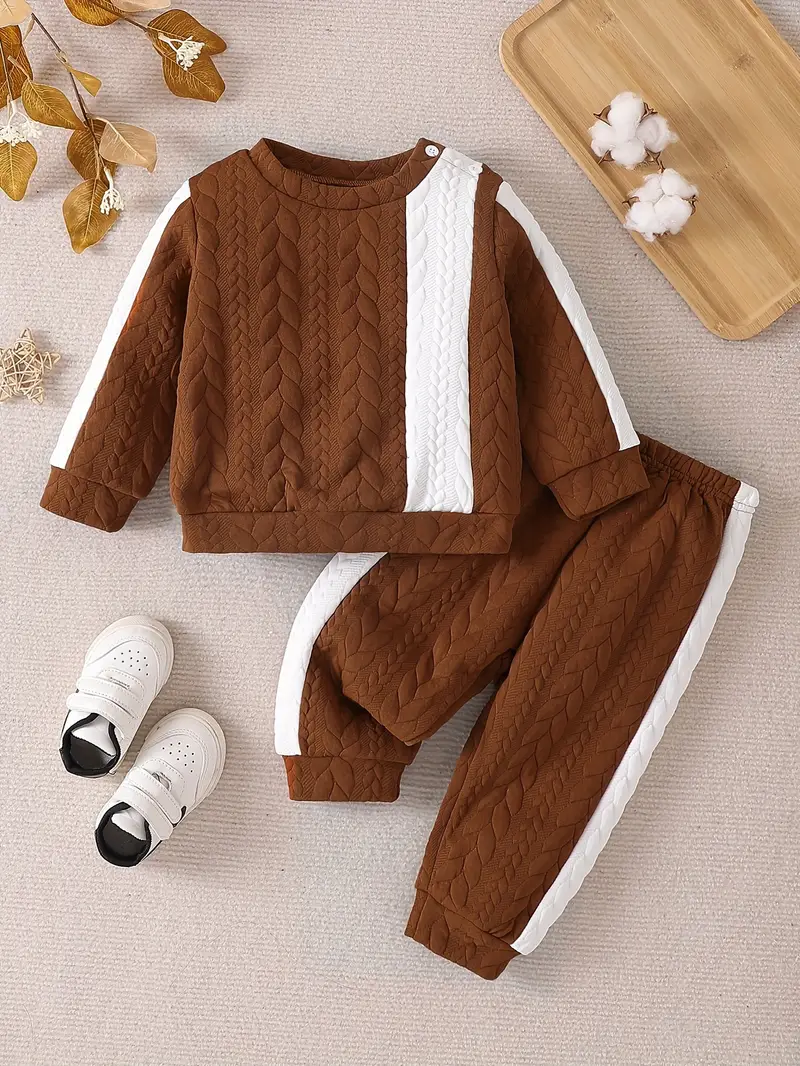 Stylish Baby Set Brown Color Block Textured Pullover Baby's T-shirt & Pants.