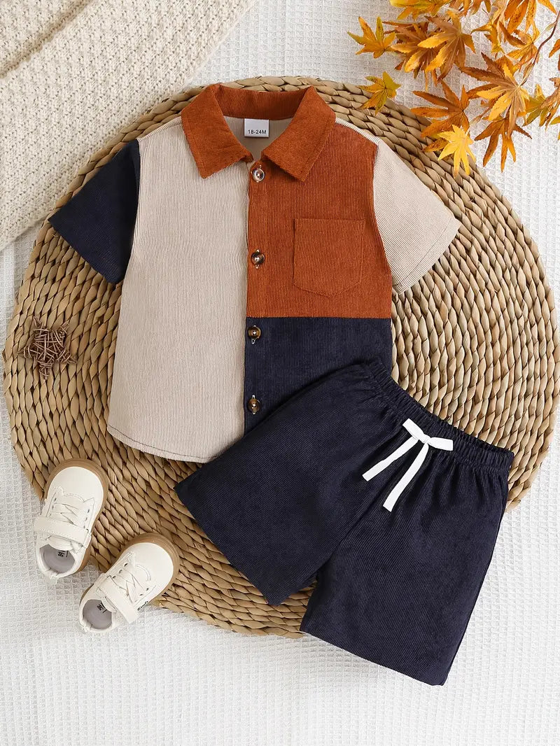 Stylish Short Sleeve Shirt with Corduroy Patchwork & Solid Color Shorts, Medium Stretch, Regular Fit Shirt & Shorts For Boys.