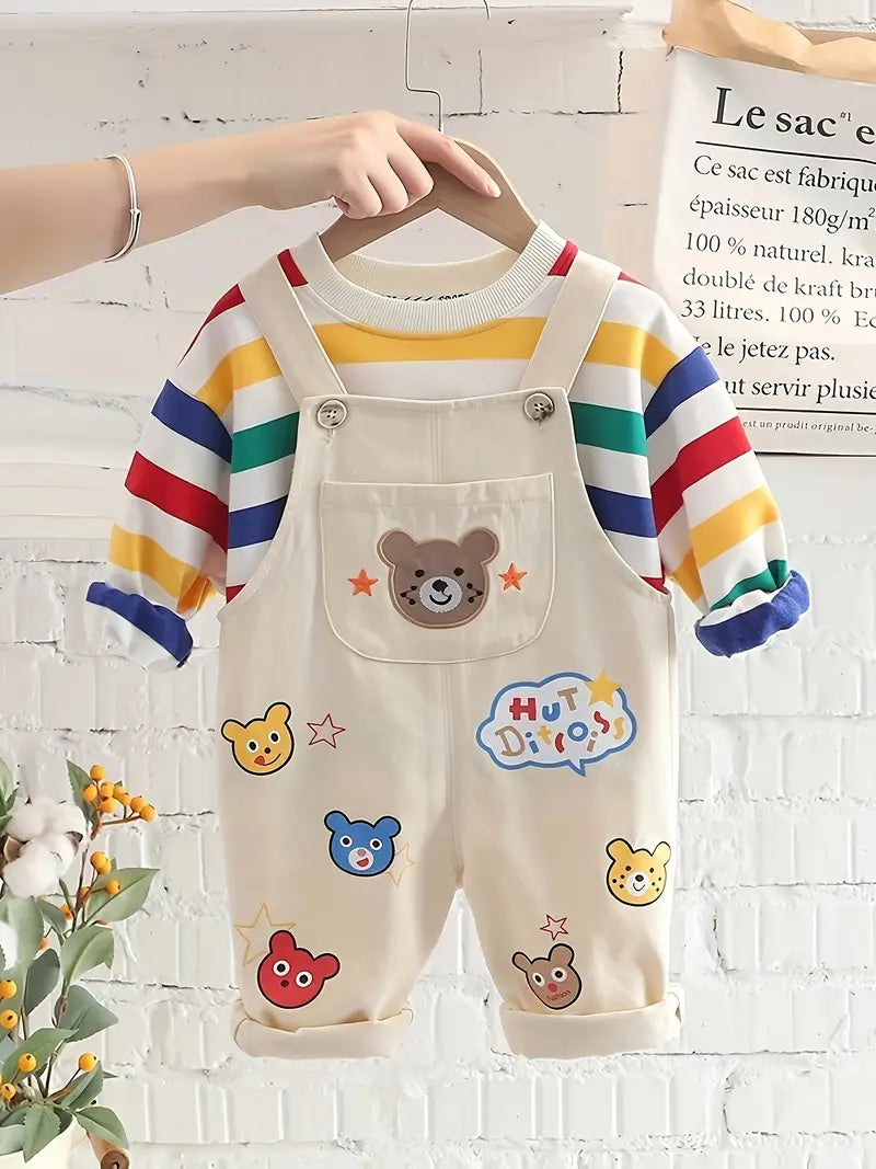 Cute Babyboy's Yellow Bear Patchwork Long-Sleeve Romper with Striped Straps Romper set