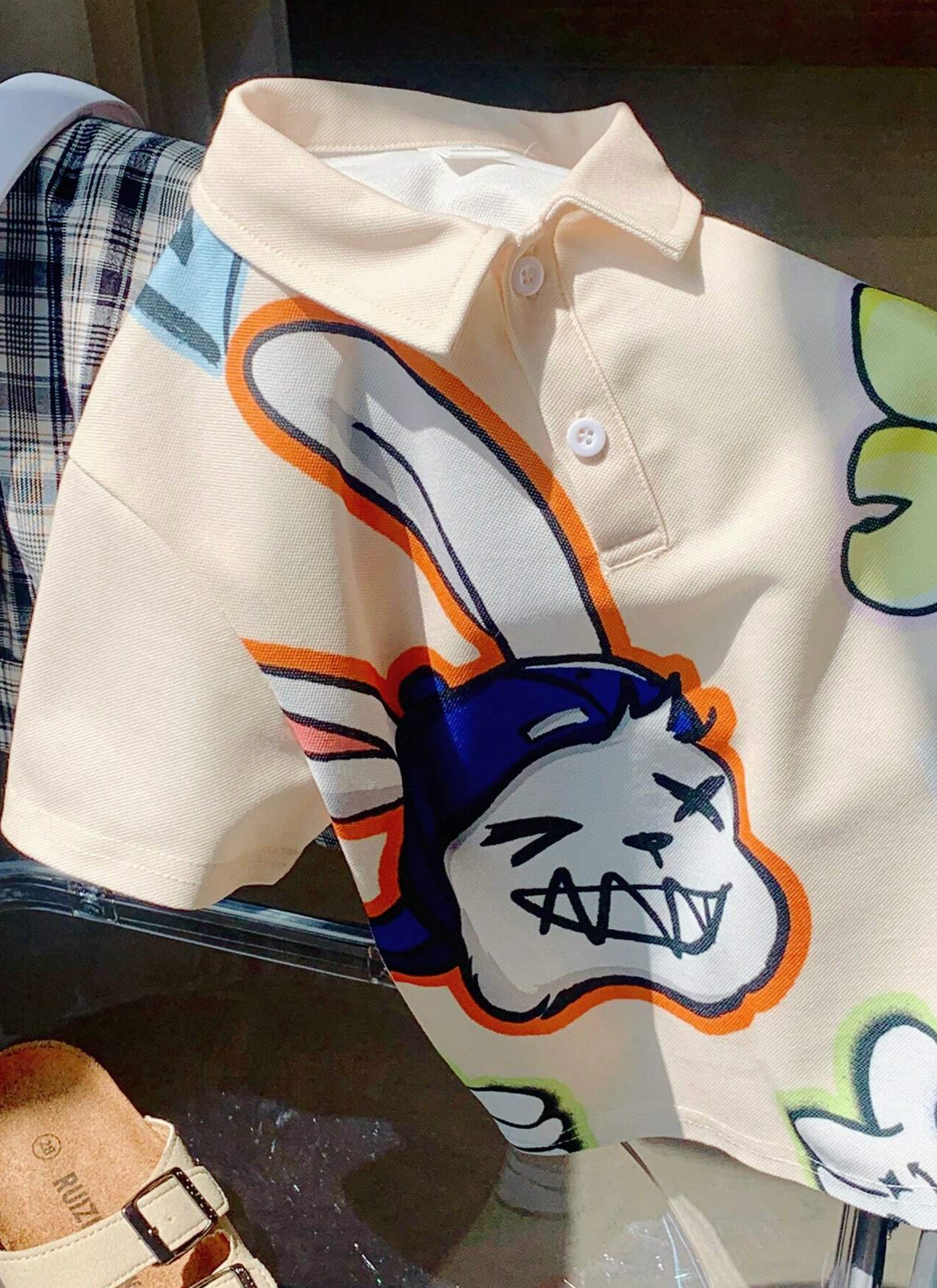 Cute And Comfortable Cartoon Rabbit and Letter Patternd Half-Button Polo Tshirt With Collar For Baby Boys