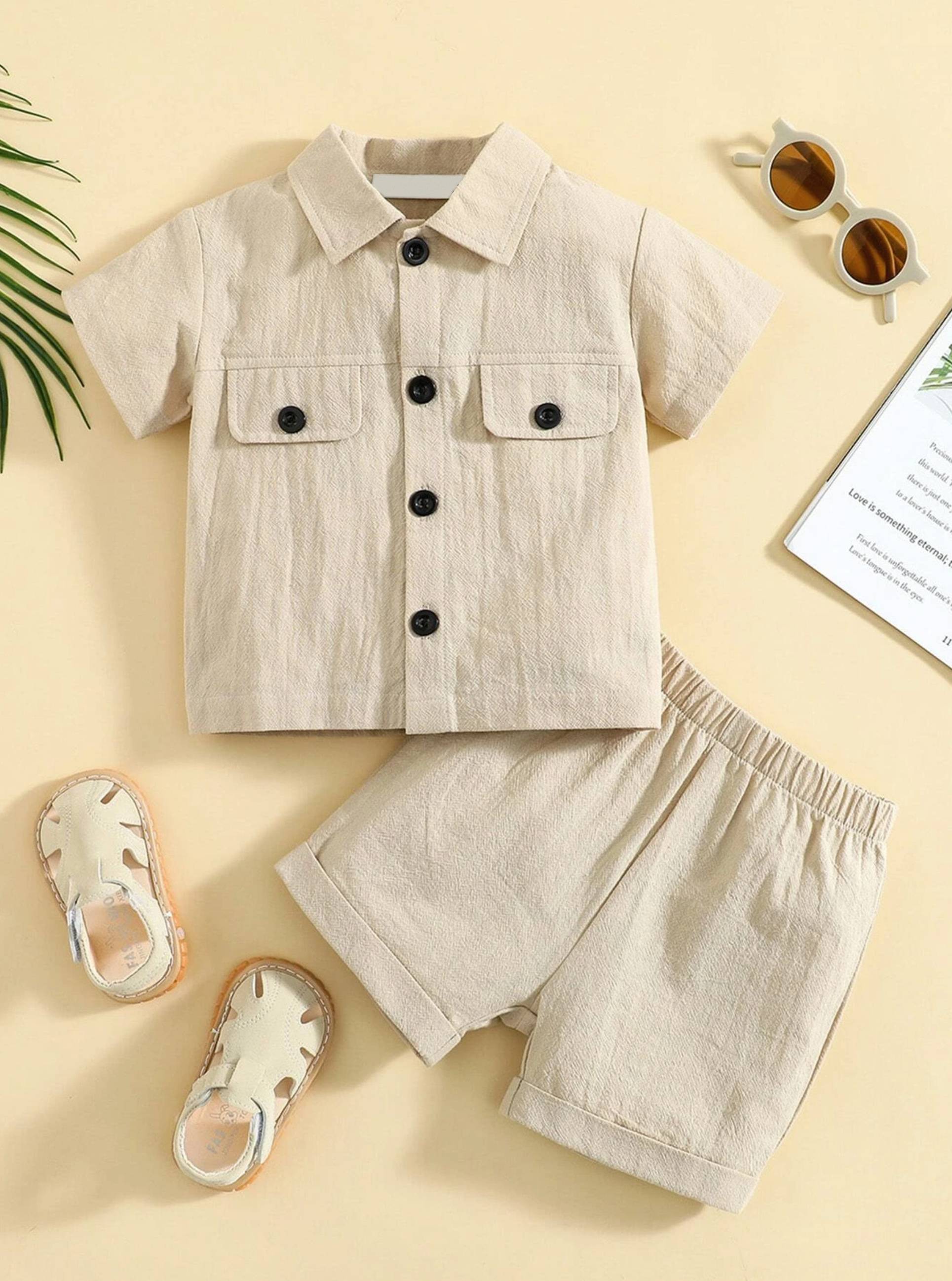 Stylish Beige Baby boy's Two Pocket Shirt &amp; Shorts For Boys.