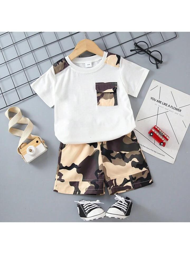 Kid's Stylish Army Pattern T-Shirt & Shorts Two Piece Set For Boys.