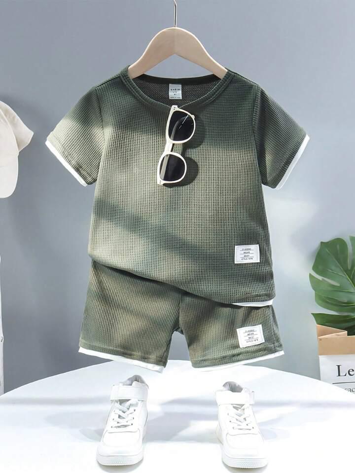 Kid's Stylish Green with White Stripted T-Shirt & Shorts Two Piece Set For Boys.