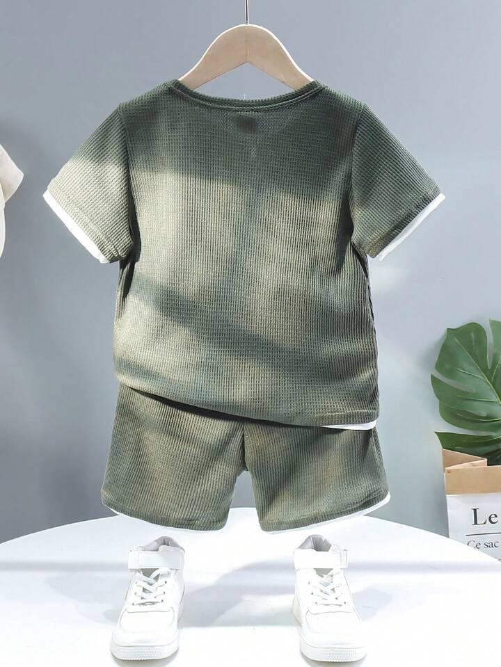 Kid's Stylish Green with White Stripted T-Shirt & Shorts Two Piece Set For Boys.