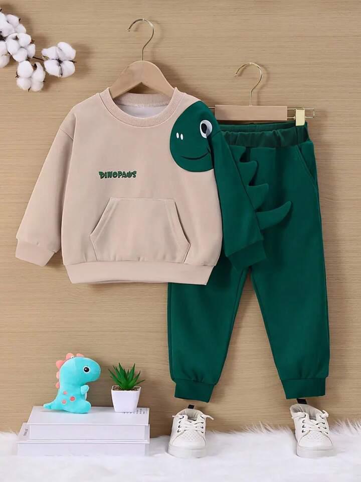 Baby boy's Cream with Green Dino Pattern Full Sleeve T-shirt With Pant.