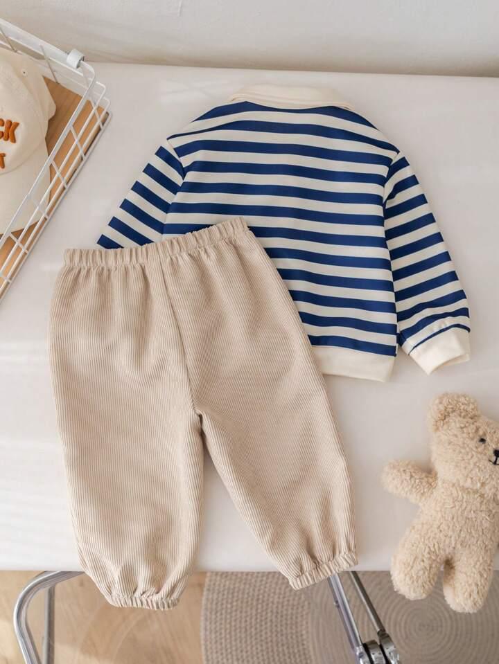 Stylish Kids Blue and Beige Stripted with Collar Cute Teddy Pocket T-shirt & Pant