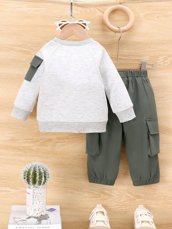 Kids Green Pocket Front Stylish Full Sleeve T-shirt With Pant.