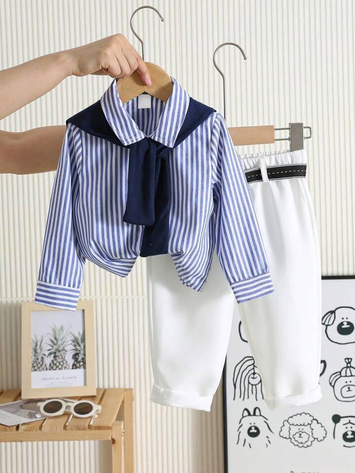 Stylish Blue Lining Full Sleeve Shirt With Pant Perfect Formal Wear for Kids Set.