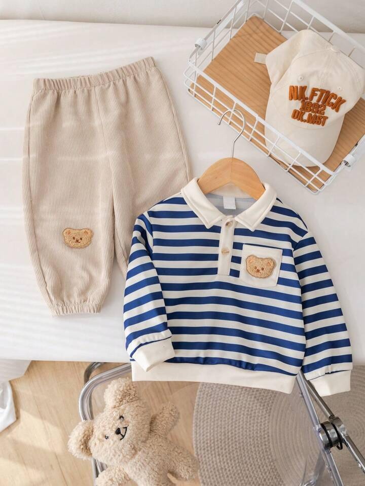 Stylish Kids Blue and Beige Stripted with Collar Cute Teddy Pocket T-shirt & Pant