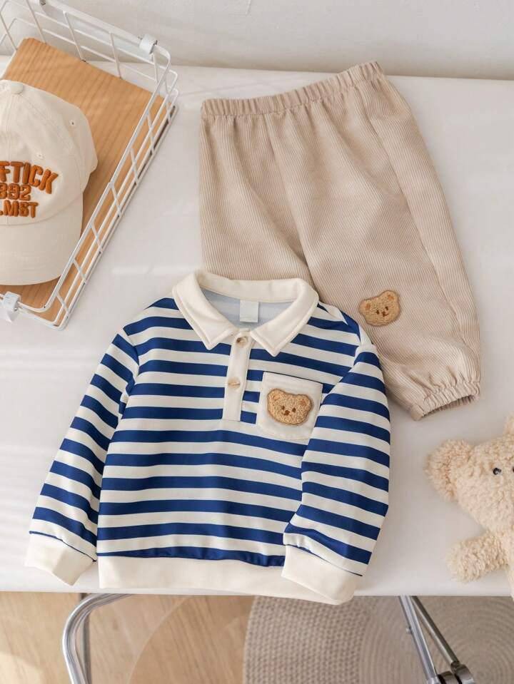 Stylish Kids Blue and Beige Stripted with Collar Cute Teddy Pocket T-shirt & Pant