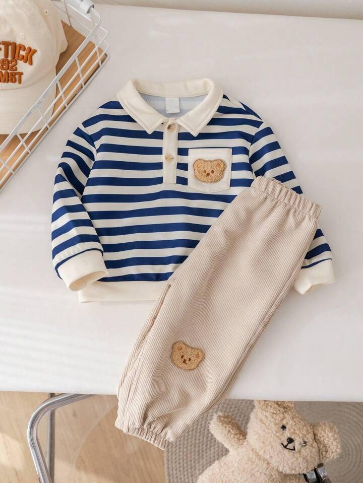 Stylish Kids Blue and Beige Stripted with Collar Cute Teddy Pocket T-shirt & Pant