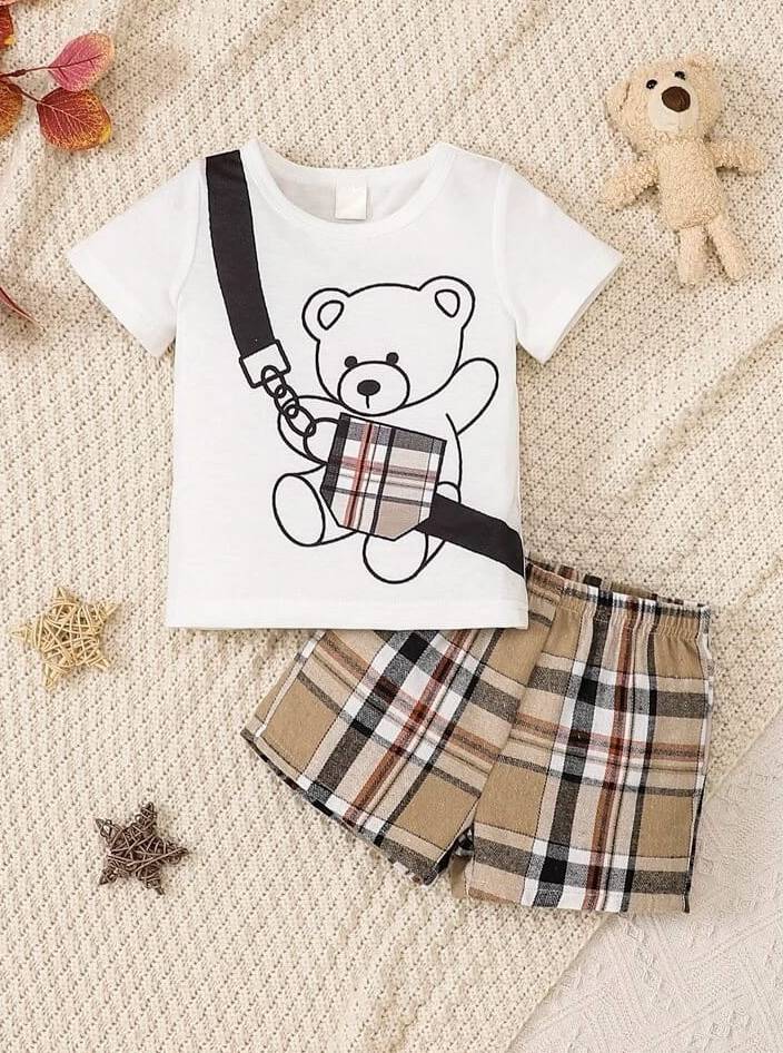 Kid's Cute Teddy Pocket White&nbsp;T-Shirt & Shorts Two Piece Set For Boys.