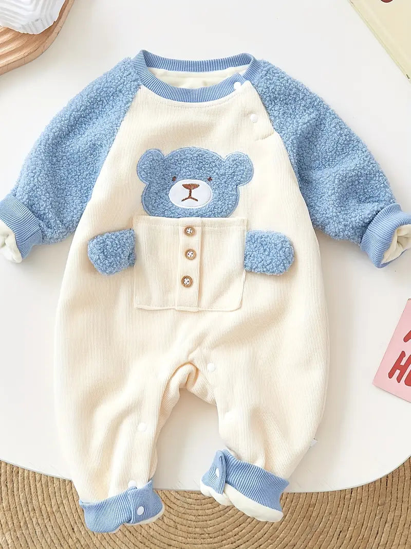 Little Baby's Teddy Bear Patchwork Fleece Bodysuit for Baby's Romper Set..