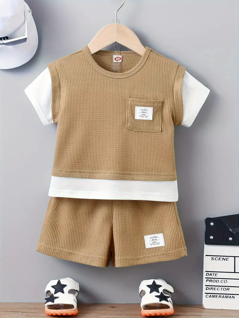 Kid's Stylish Waffle Textured Summer Outfit, Little Boy's Clothes T-Shirt &amp; Shorts Two Piece Set For Boys.