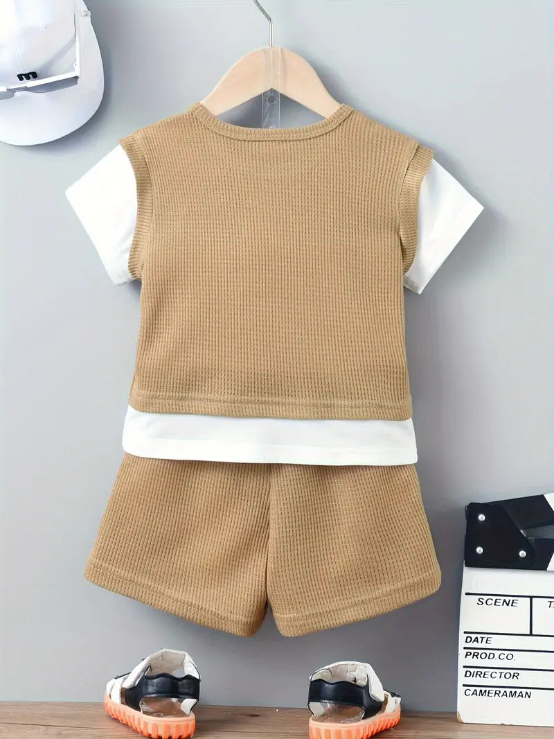 Kid's Stylish Waffle Textured Summer Outfit, Little Boy's Clothes T-Shirt &amp; Shorts Two Piece Set For Boys.