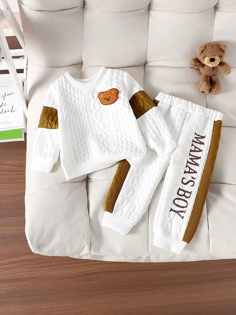 Boys Cartoon Bear Jacquard Long Sleeve mama's BOY Letter Print Color Block T-shirt & Pants.